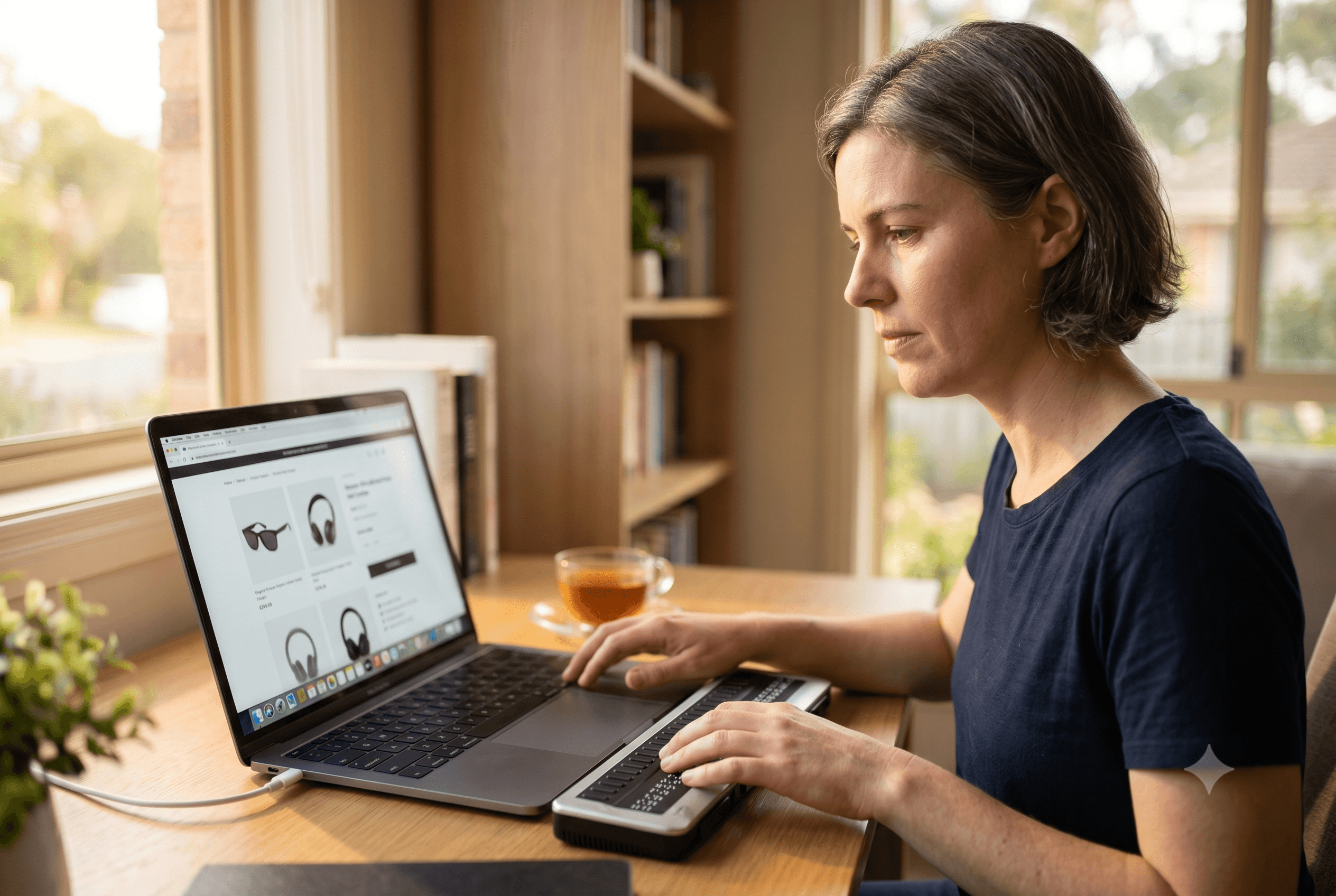. A blind person in their late 30s using a refreshable braille display and a laptop, browsing online at a home desk. Warm afternoon natural light. The focus is on their hands moving across the braille device and their calm, focused expression. The laptop screen shows a clean product page.