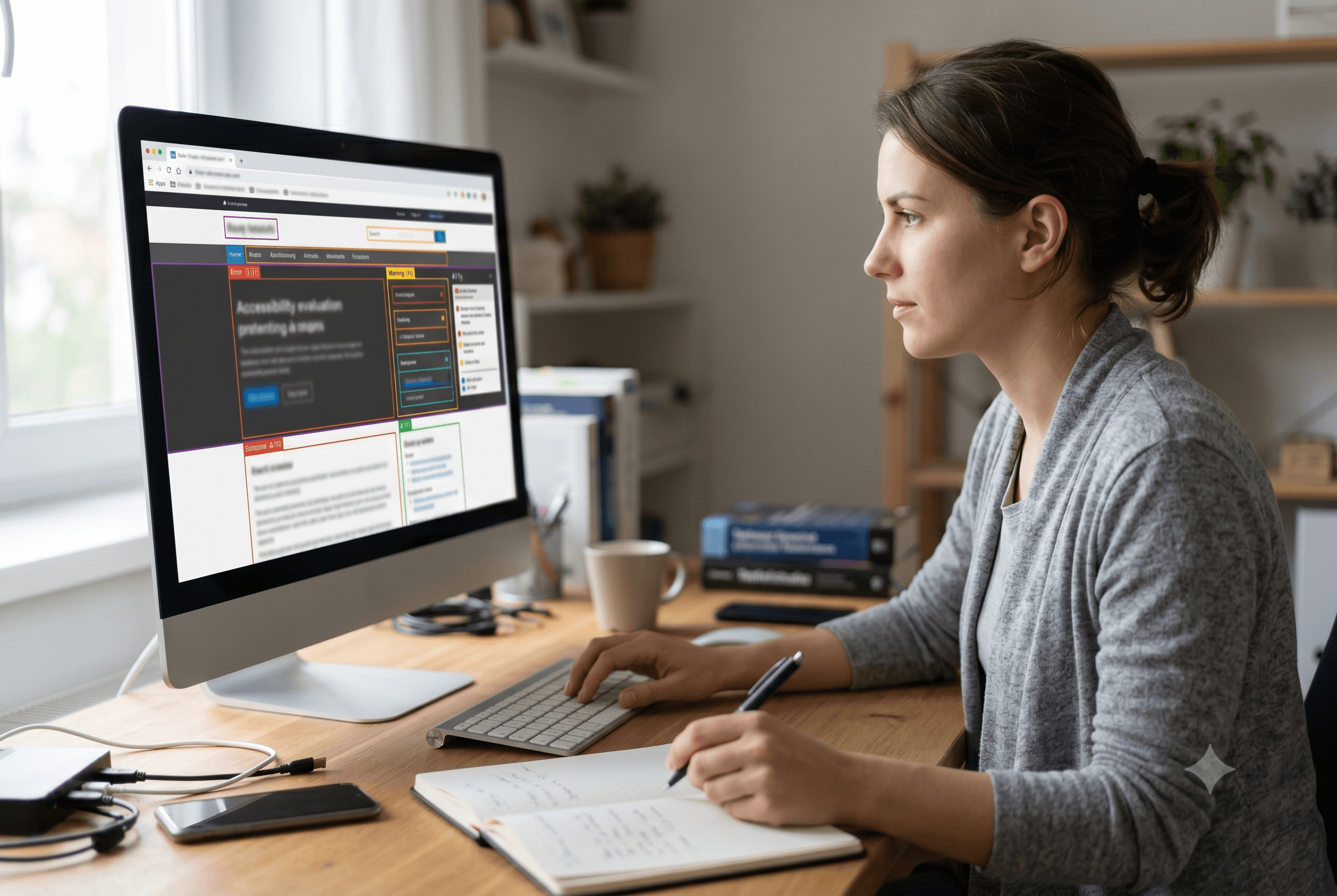 A female conducting a DIY accessibility audit using laptops and accessibility testing tools