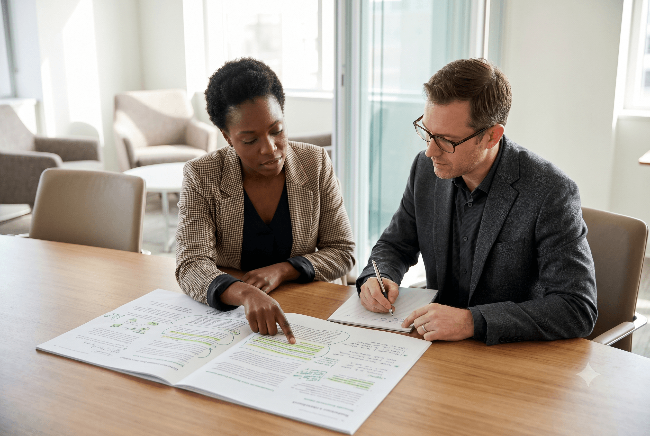 Two accessibility specialists in discussion over a printed report covered in annotations and highlights spread on a table between them. One points to a specific section, the other takes notes. Clean well-lit meeting room, natural light.