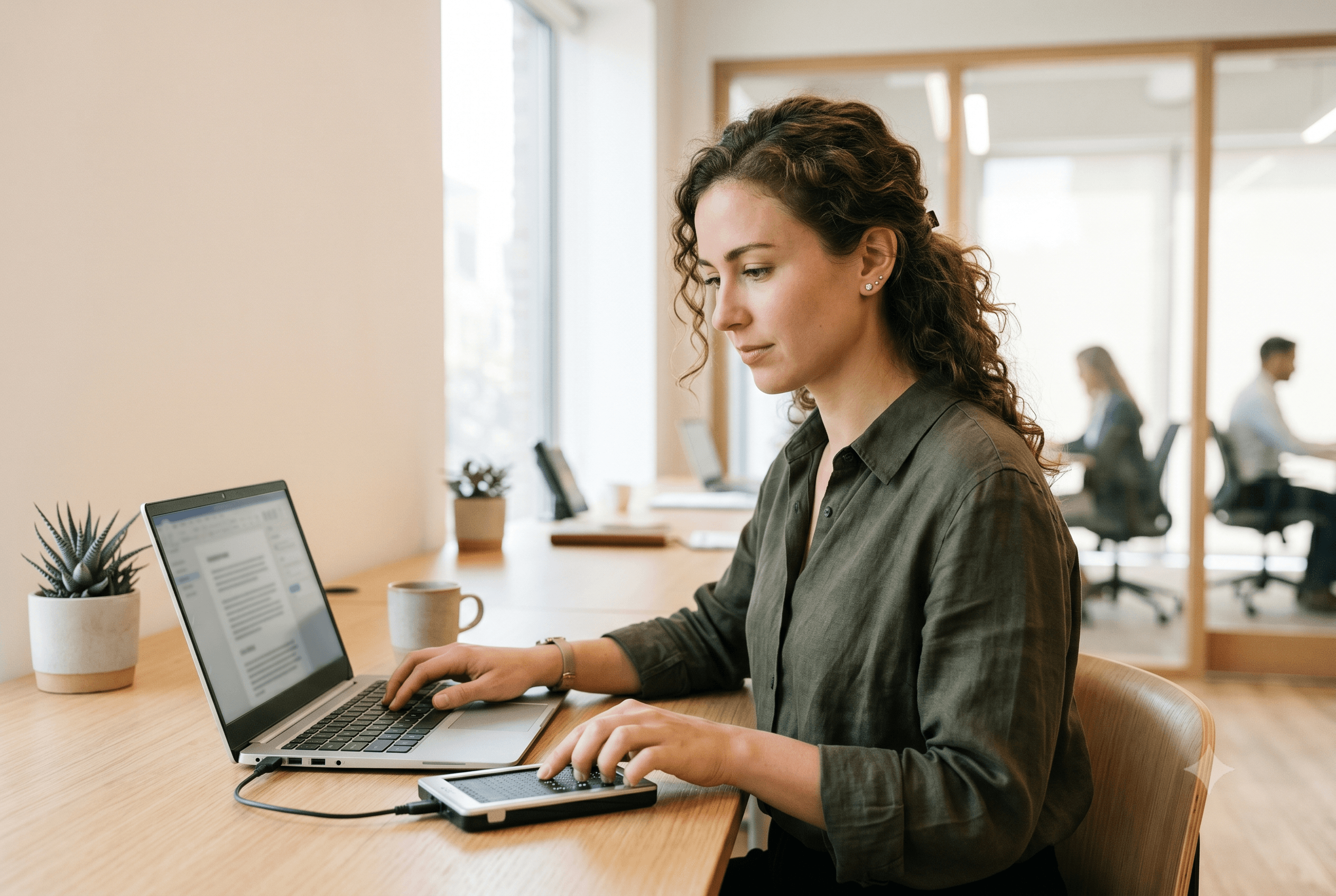 A professional woman in her late 20s uses a screen reader device and a laptop simultaneously at a bright minimal co-working desk. Clean lines, natural materials, soft diffused light. The technology feels current but not futuristic. She is focused and self-possessed — not posed or performative.